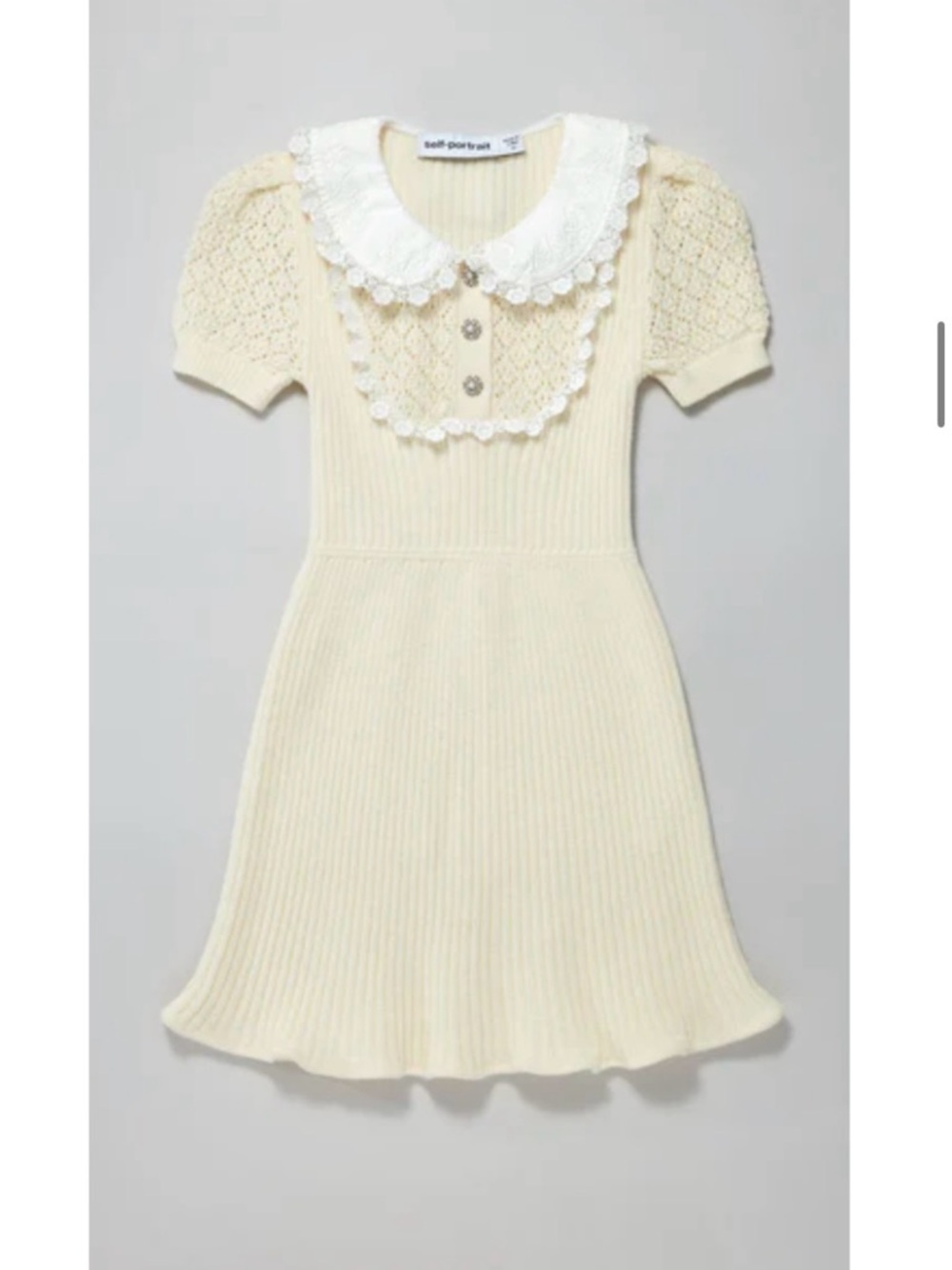 Self-Portrait Cream Ribbed Knit Dress with Lace Peter Pan Collar